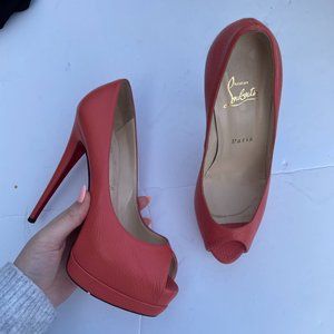 Christian Louboutin Platform Pumps Pink Flat Grain Leather Peep Toe Heels